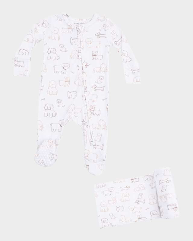 Boy's Neutral Pups Footie Romper & Swaddle Blanket, Size Newbor